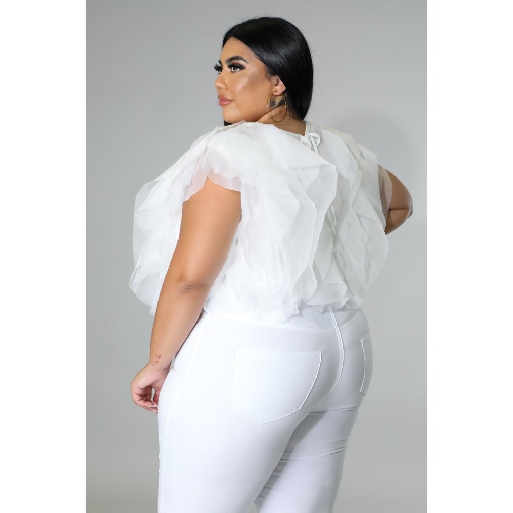 PLUS SIZE RUFFLE TULLE CROP TOP BLOUSE  WHITE - Picture 7 of 8